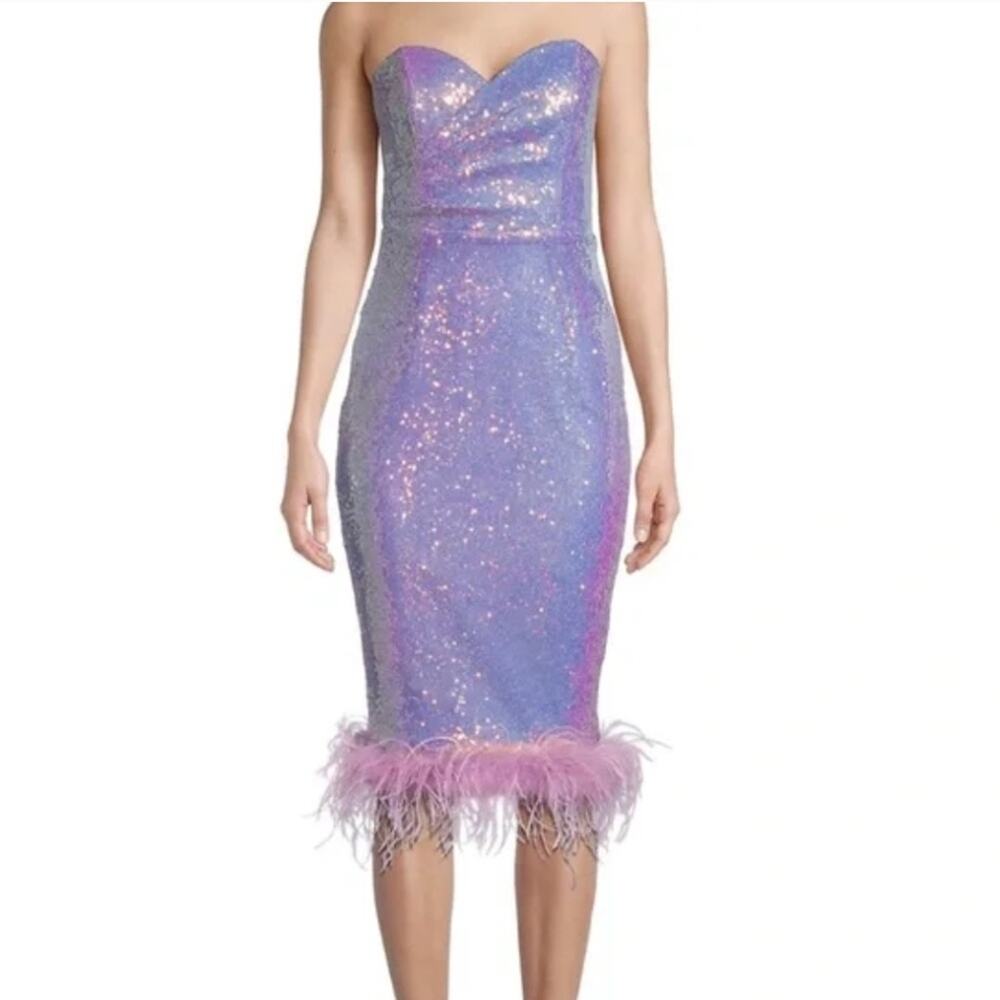 Lavish Alice Women's Purple Sequin Strapless Feather Trim Dress